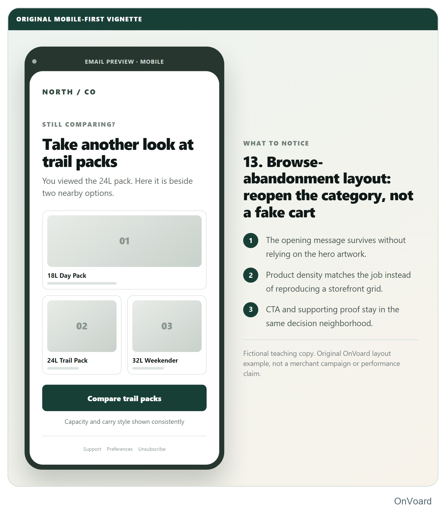 13. Browse-abandonment layout: reopen the category, not a fake cart