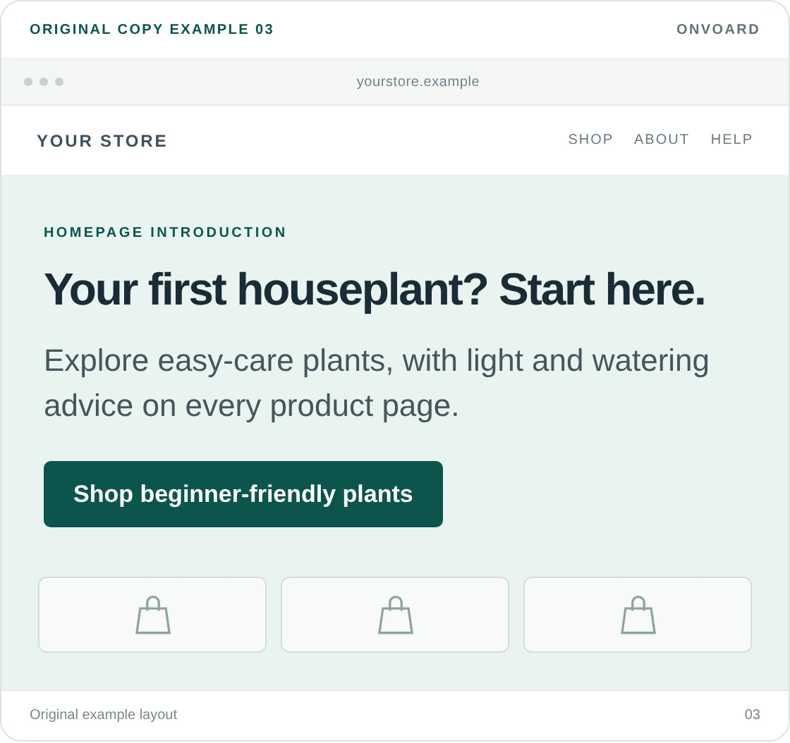 Original example layout for help a beginner choose, showing the message and its “Shop beginner-friendly plants” button.