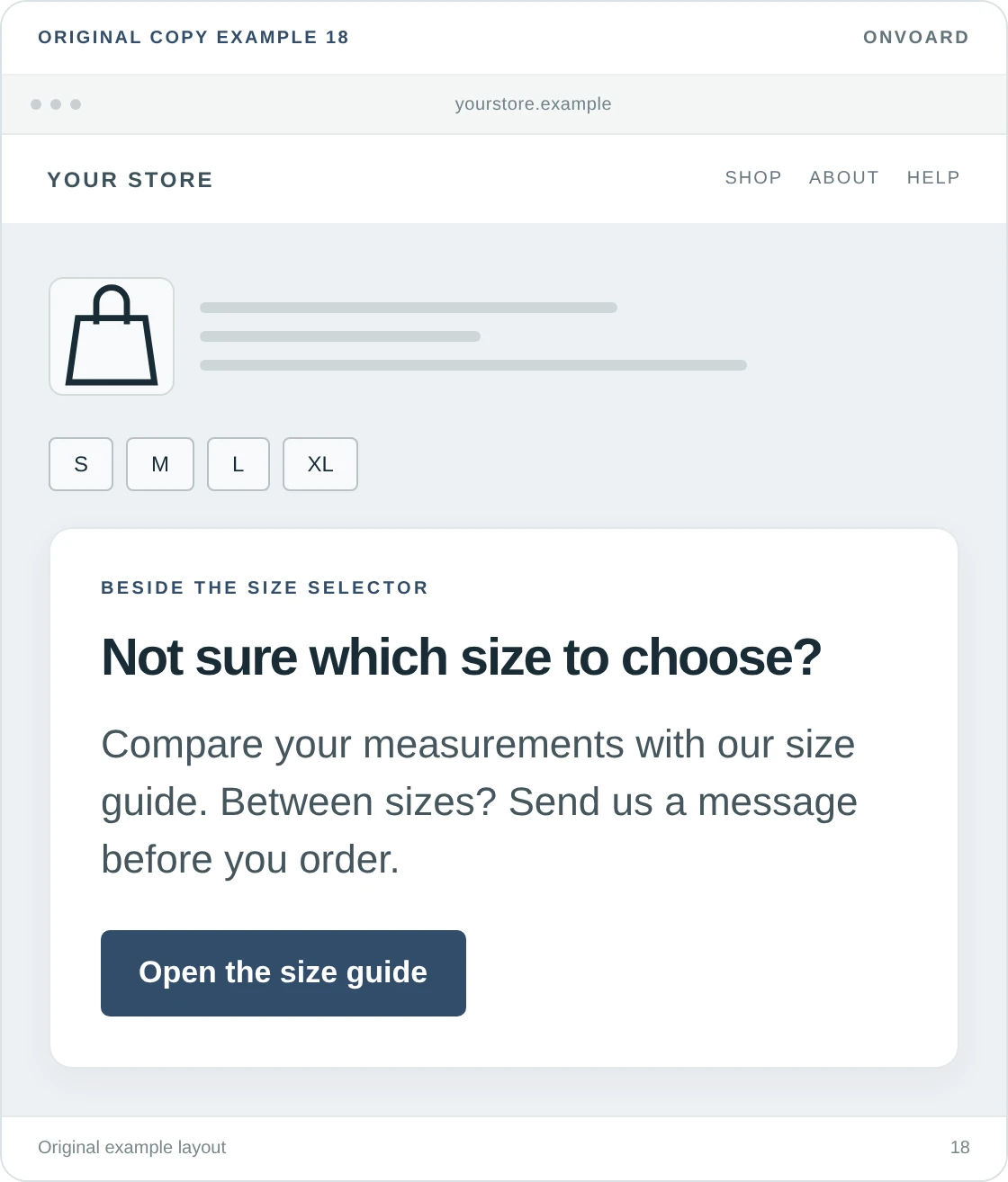 Original example layout for help someone find the right size, showing the message and its “Open the size guide” button.