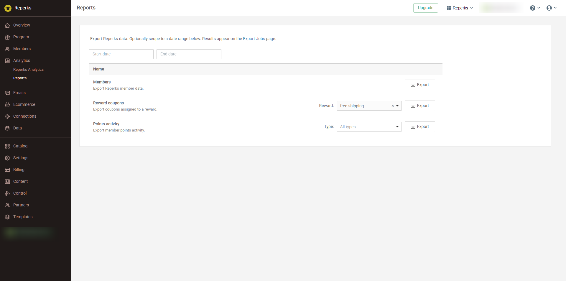 Reports: 3 exports, an optional date range across all of them, and a type filter on points activity.