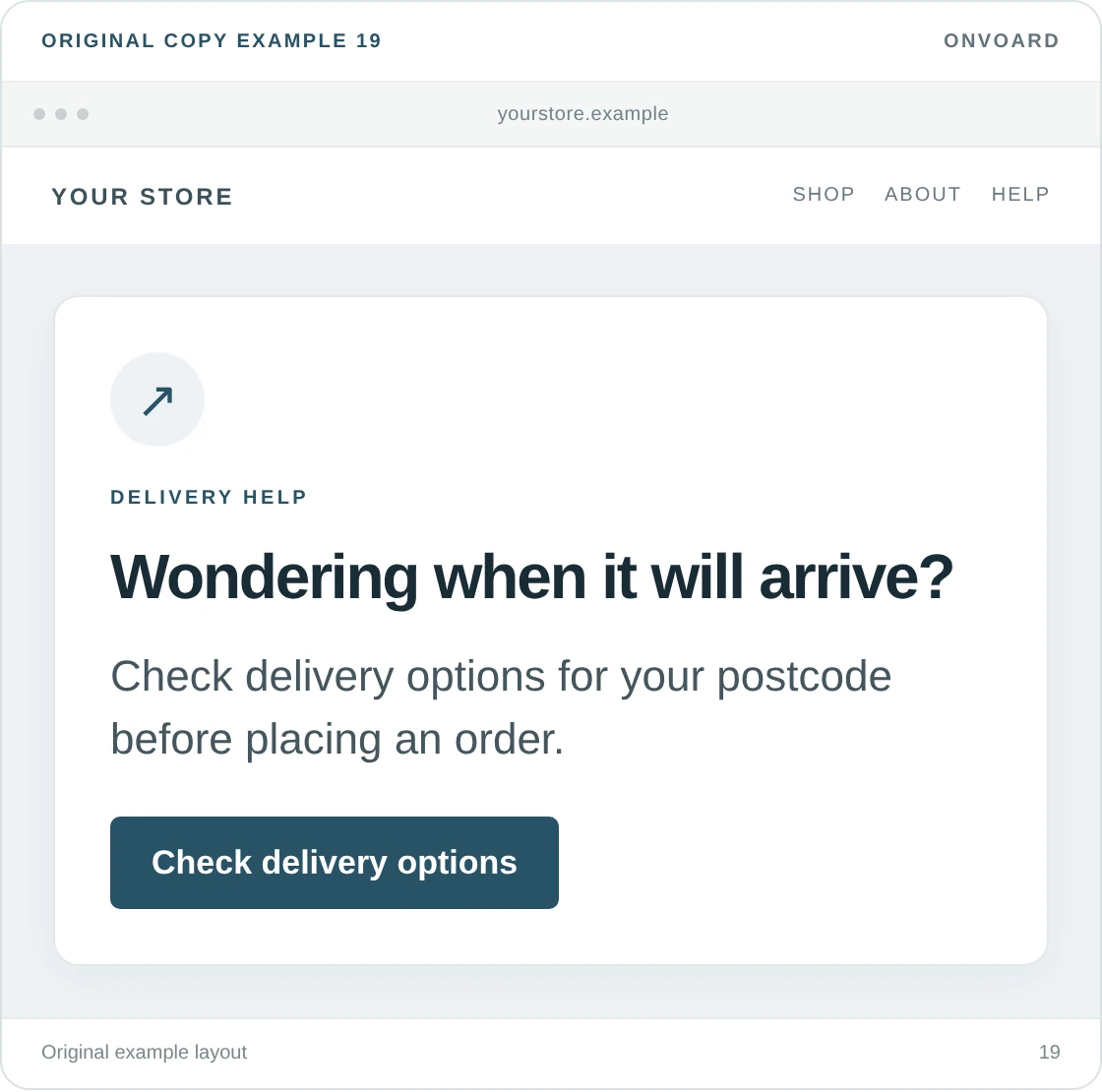 Original example layout for tell shoppers where to check delivery, showing the message and its “Check delivery options” button.
