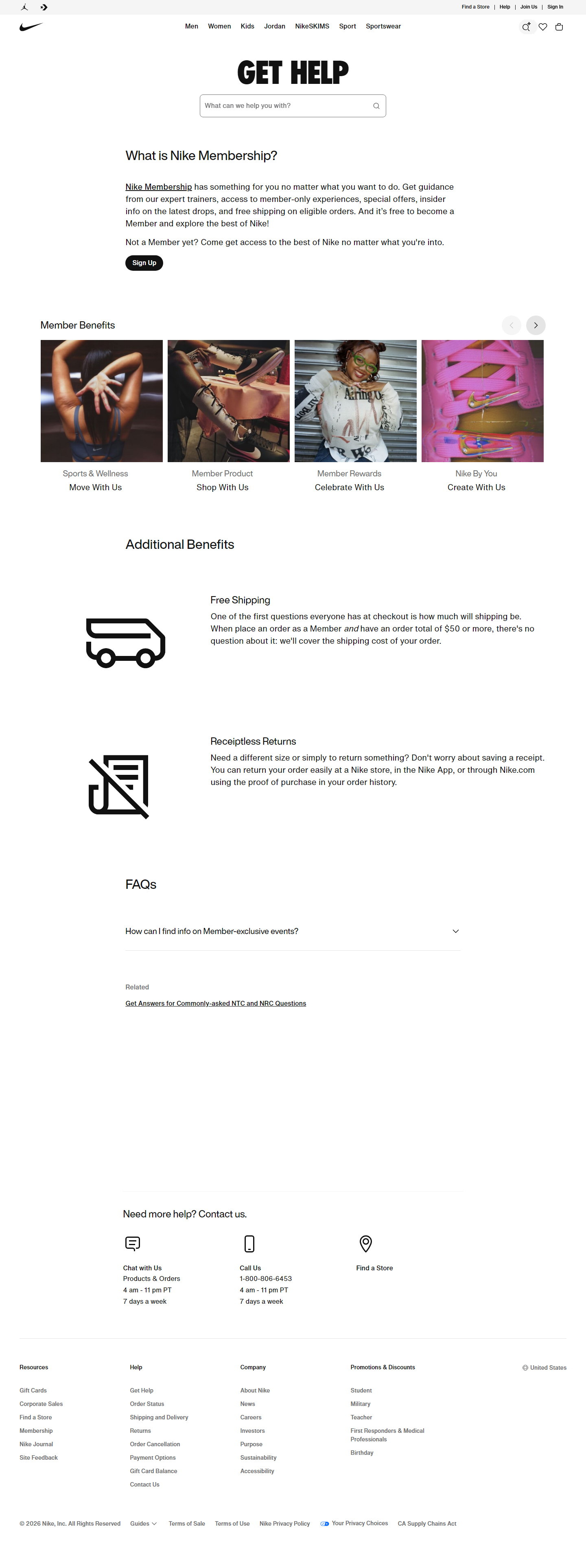 Nike Membership page showing member product, member rewards, experiences, customization, free shipping and receiptless returns.