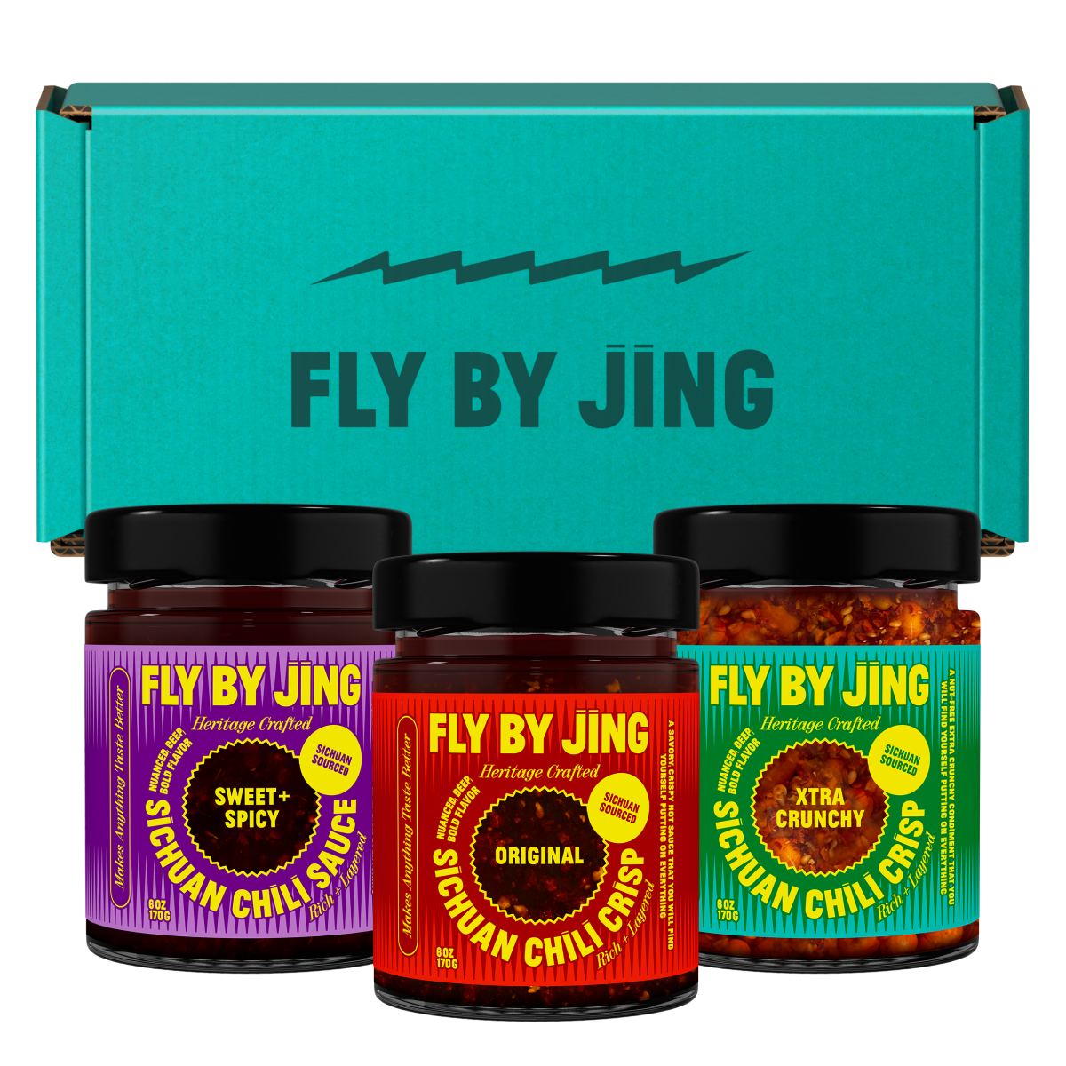 Fly By Jing Chili Crisp Trio: three labeled sauce jars pictured with the presentation box.