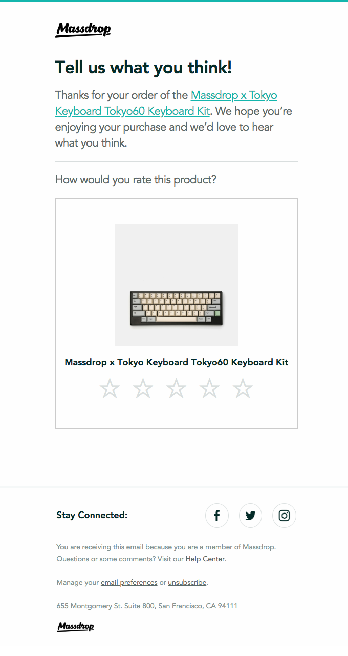Archived Massdrop review-request email naming the Tokyo60 product beside a star-rating interaction