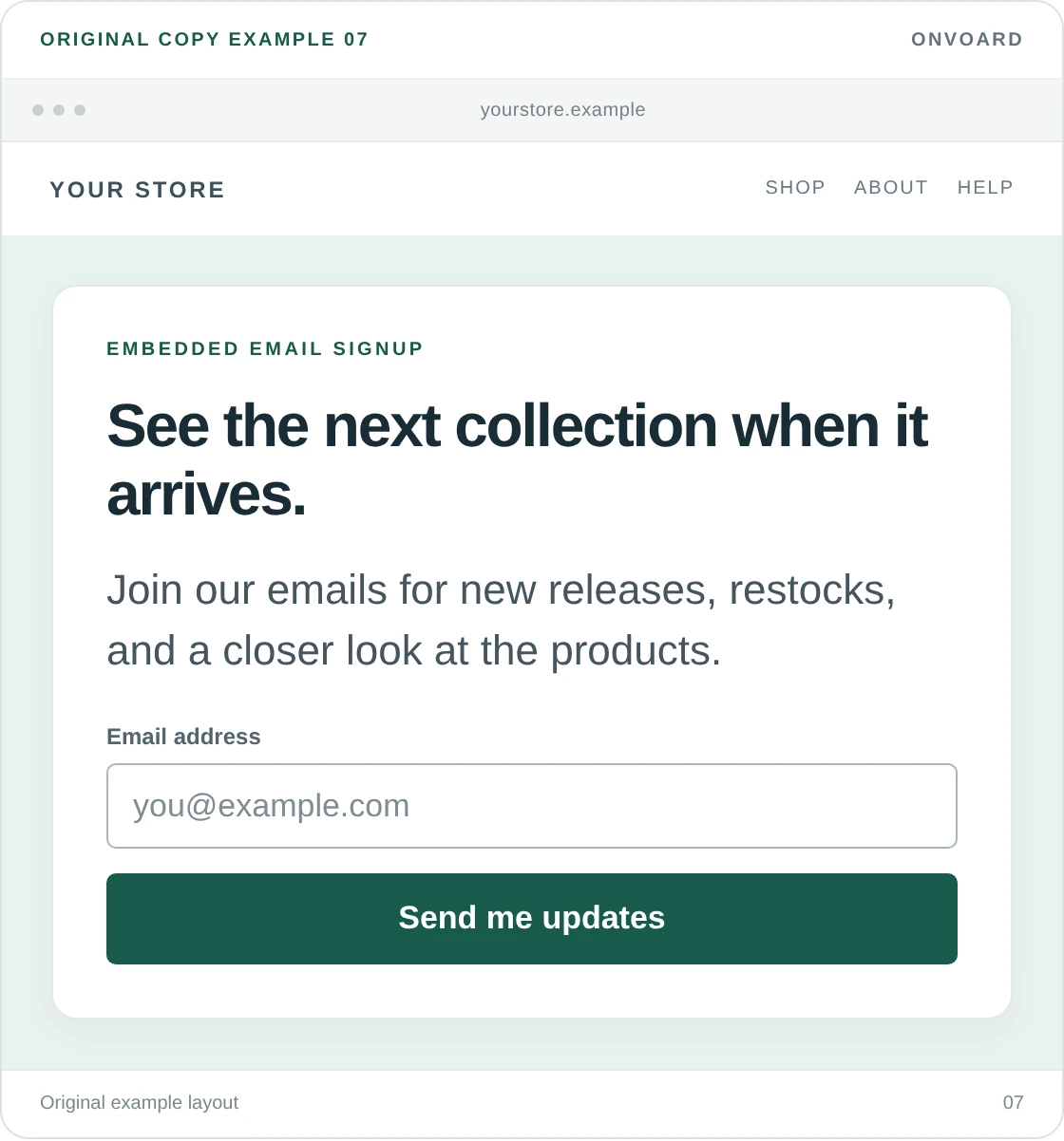Original example layout for offer updates about new arrivals, showing the message and its “Send me updates” button.