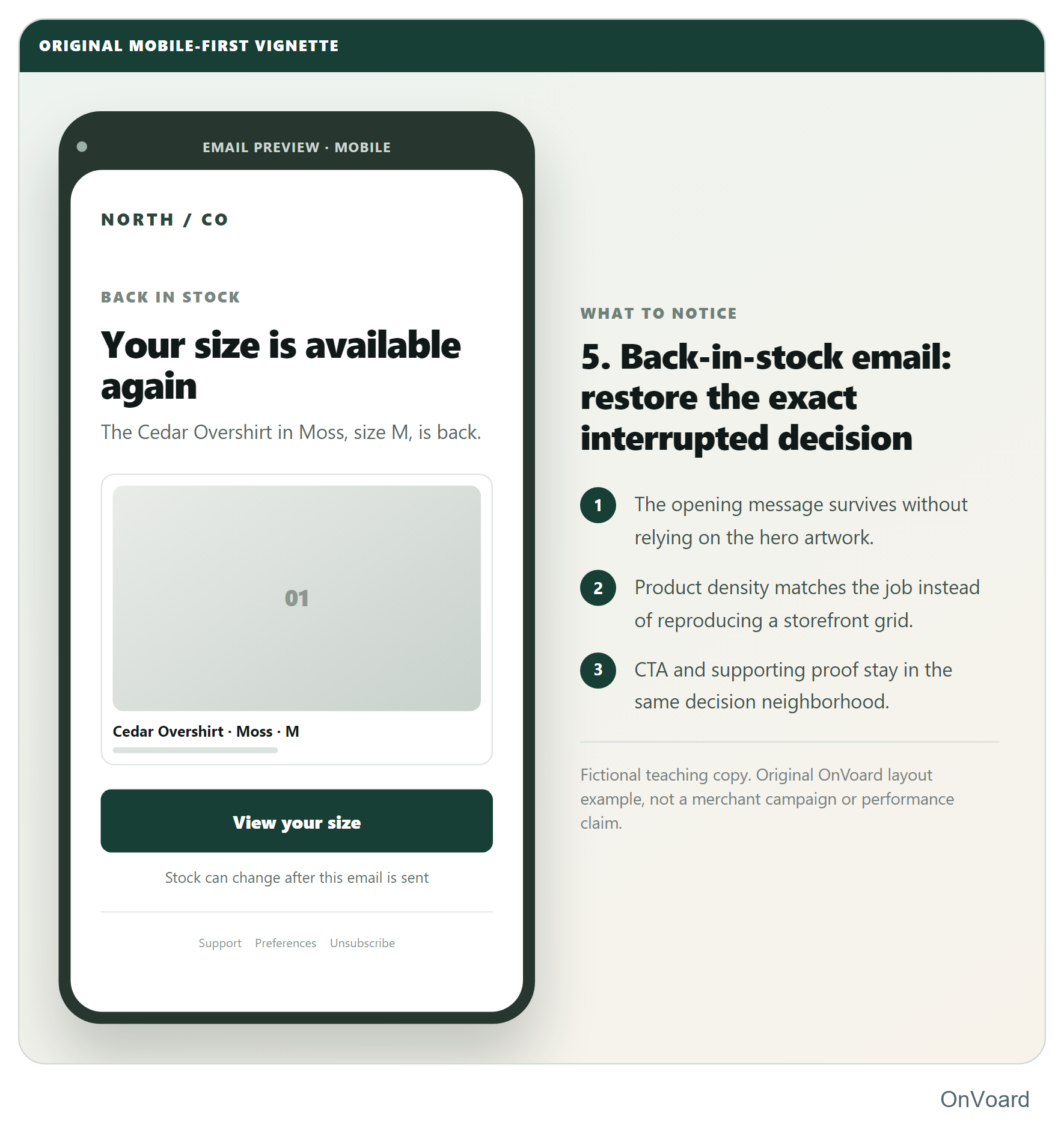 5. Back-in-stock email: restore the exact interrupted decision