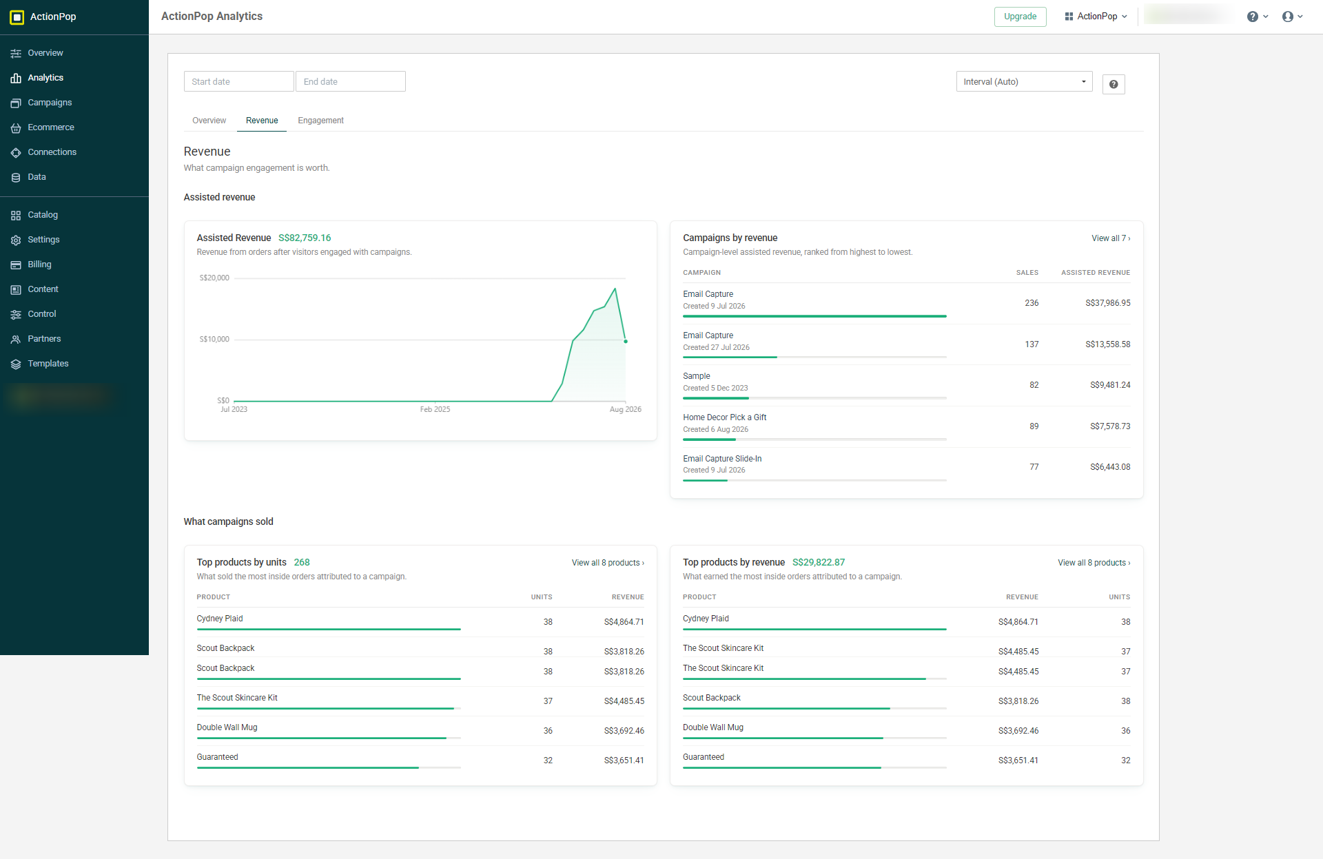 Revenue ranks campaigns by assisted revenue, then shows what sold inside the orders connected to campaign engagement.