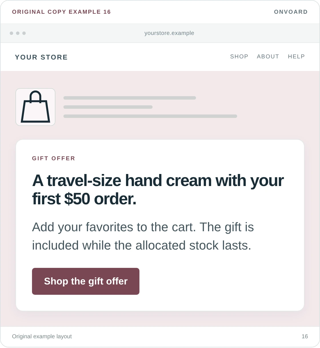 Original example layout for name the free gift, showing the message and its “Shop the gift offer” button.