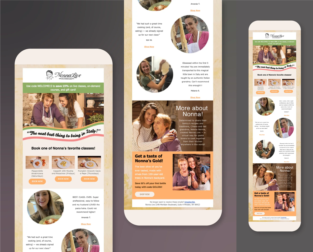 Observed example: Nonna Live combines the promised offer with product imagery, experience context and customer proof.