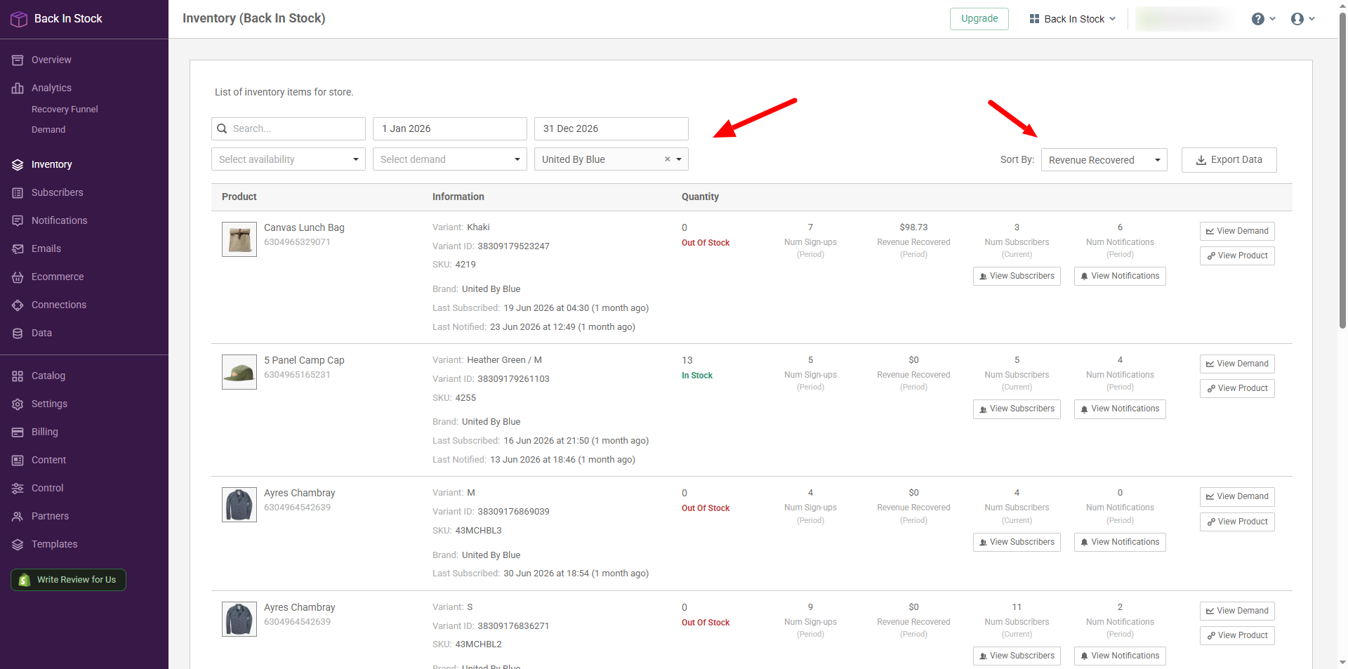 The inventory page, filtered to one brand and sorted by Revenue Recovered.