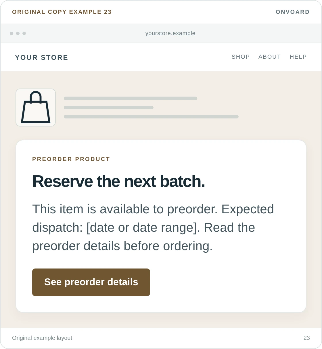 Original example layout for explain that an item is a preorder, showing the message and its “See preorder details” button.