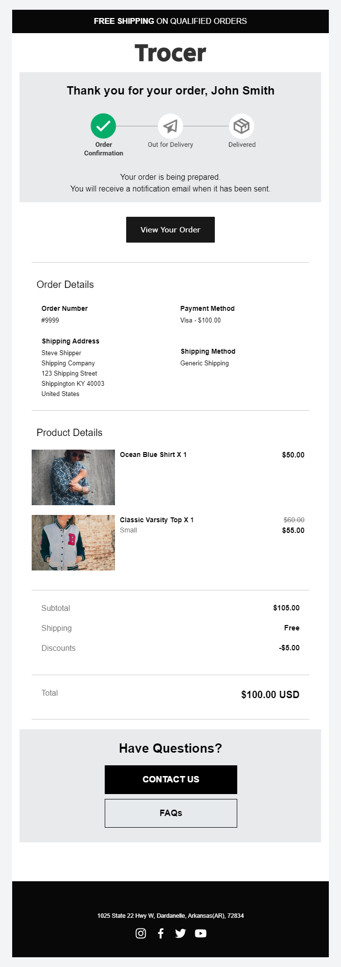 RenderKu Trocer Shopify order confirmation template showing Order Confirmation as the active stage before Out for Delivery and Delivered, followed by order details, products, totals, and support.