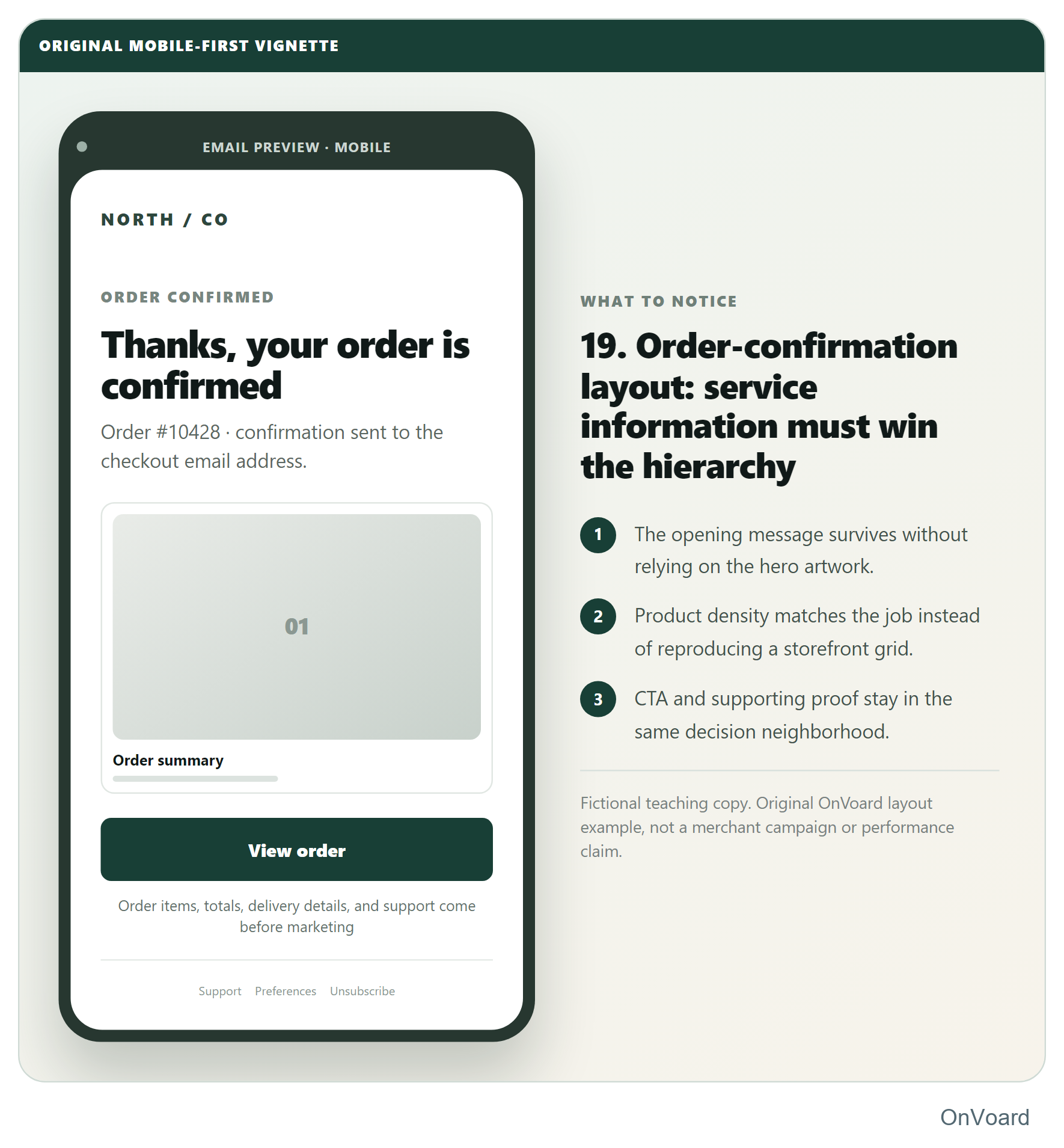 19. Order-confirmation layout: service information must win the hierarchy