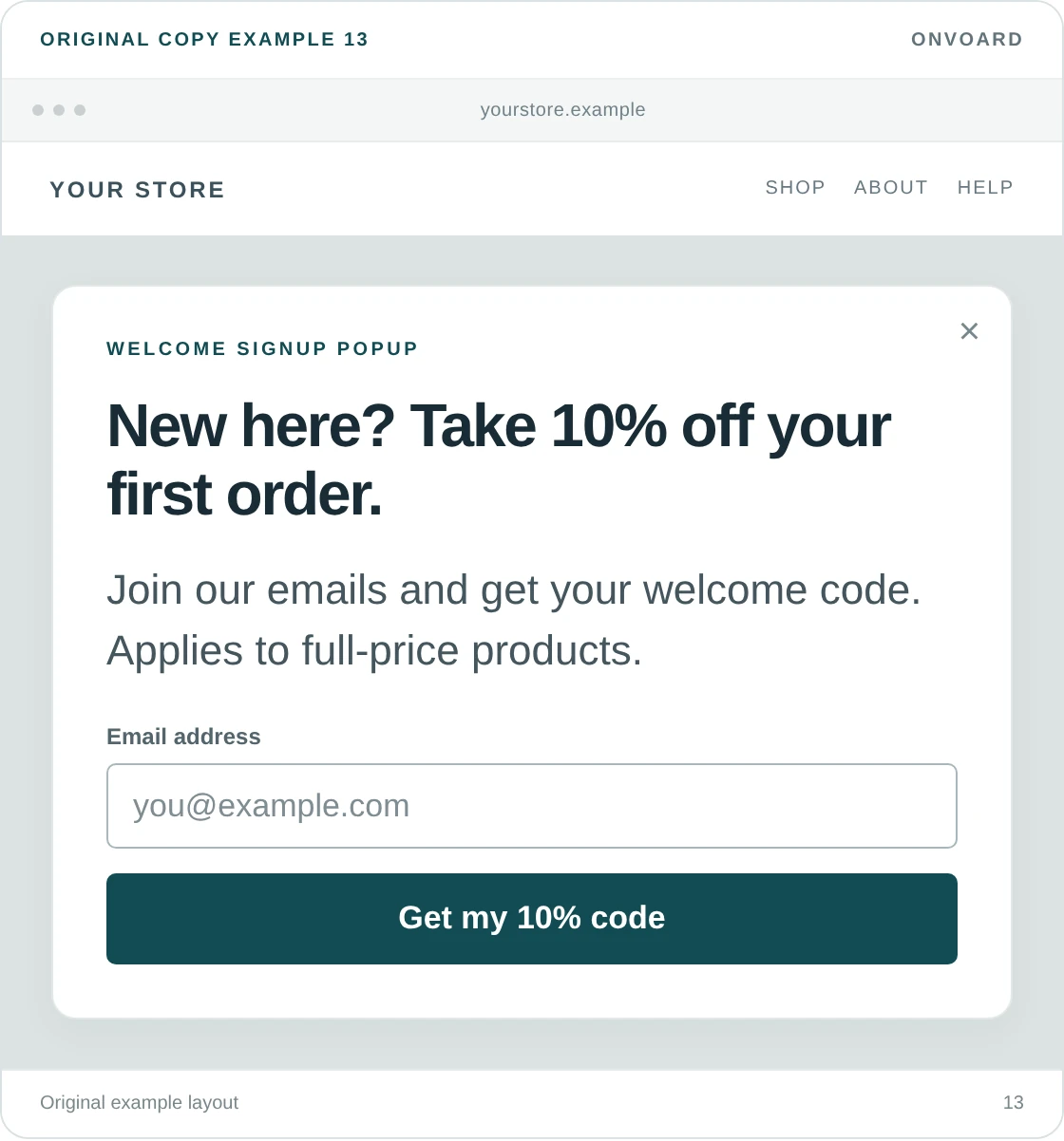 Original example layout for offer a first-order percentage discount, showing the message and its “Get my 10% code” button.