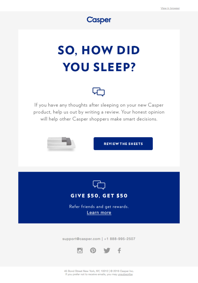 Archived Casper review-request email using a product-specific sleep question
