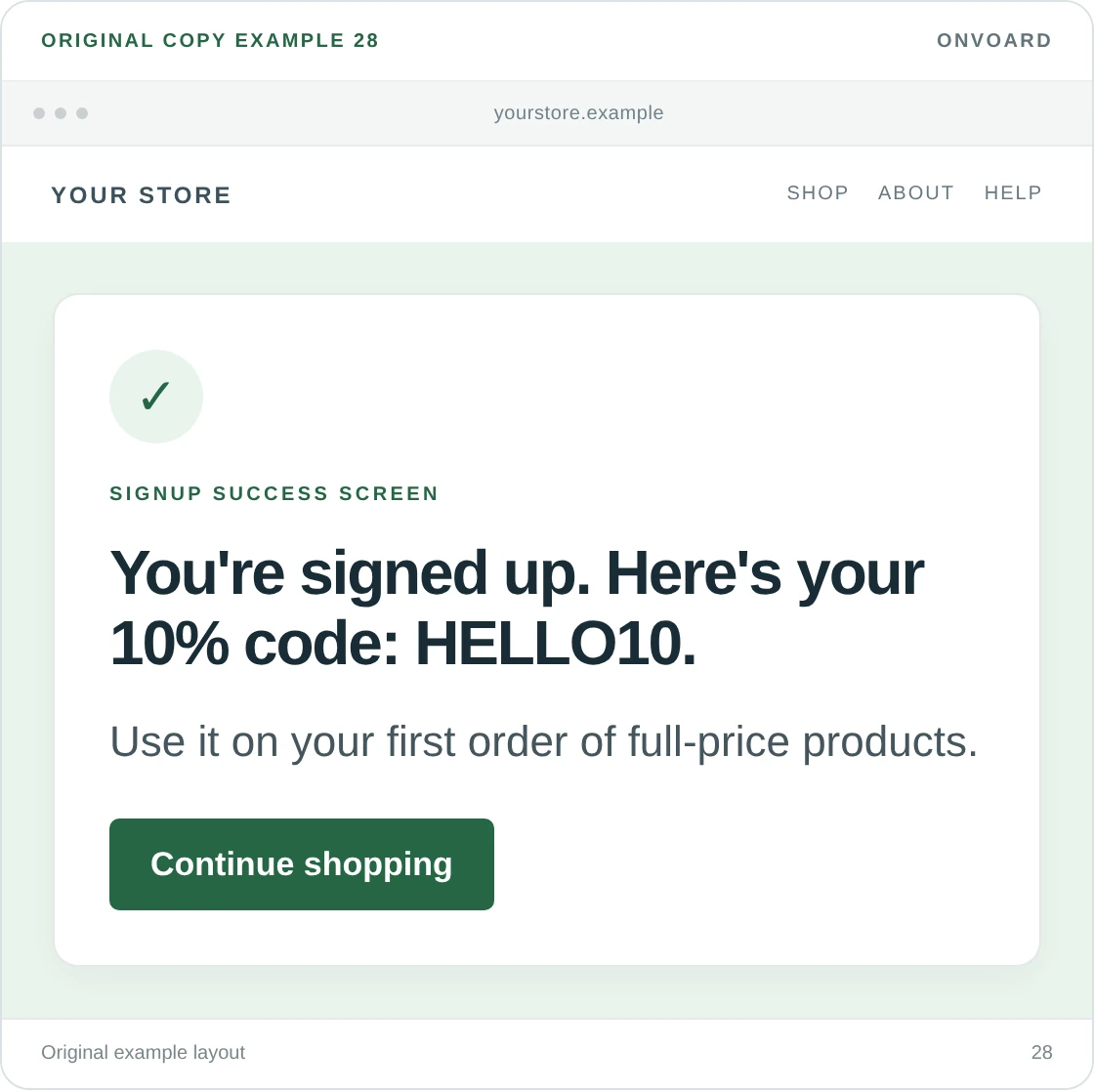 Original example layout for show the promised discount code, showing the message and its “Continue shopping” button.