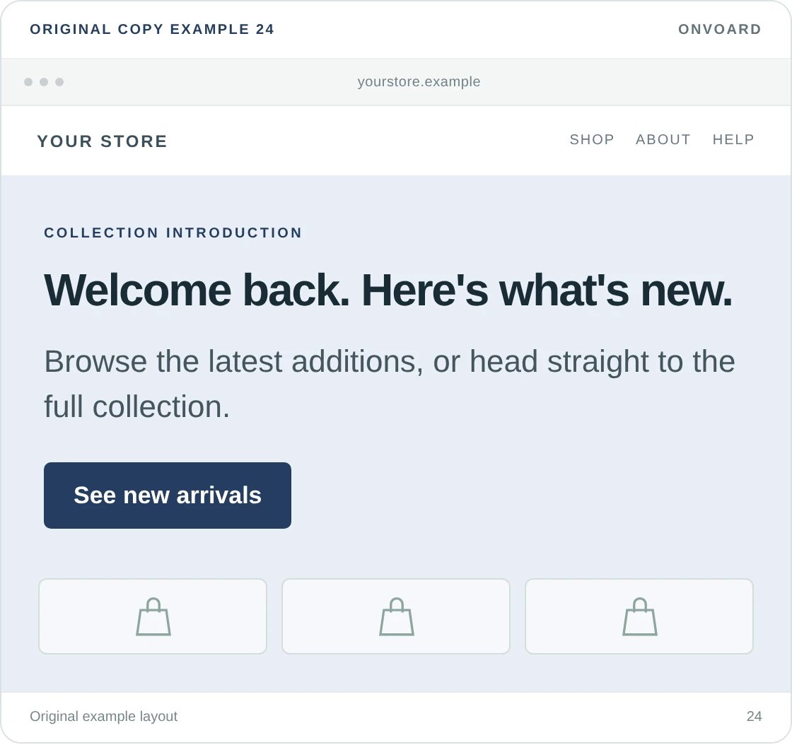 Original example layout for show returning visitors what's new, showing the message and its “See new arrivals” button.