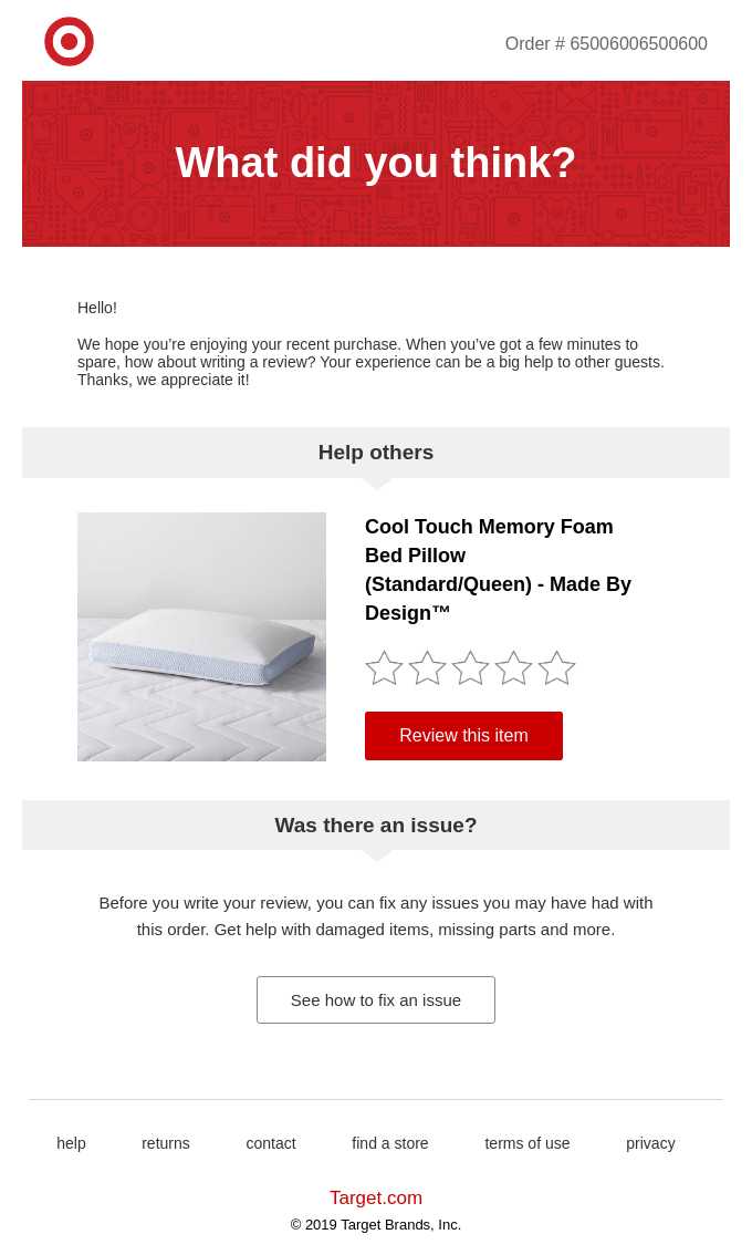 Archived Target review-request email showing the purchased product beside the review action and order-help route