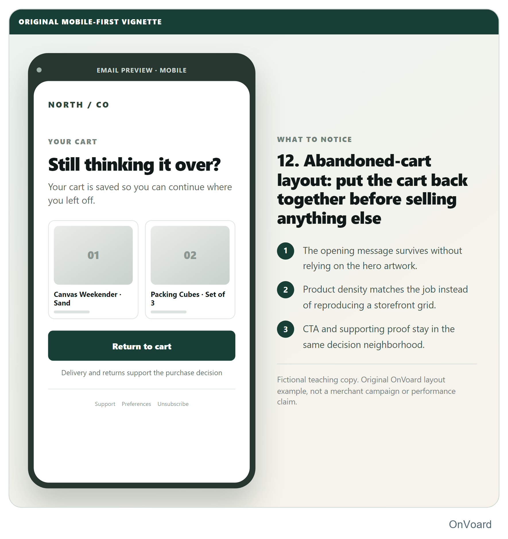 12. Abandoned-cart layout: put the cart back together before selling anything else