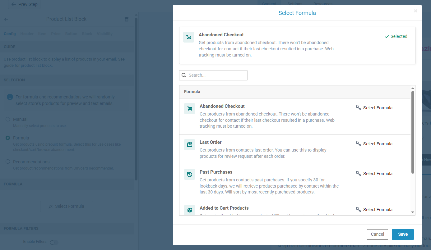 Product List block set to Formula, with Abandoned Checkout selected in the formula picker