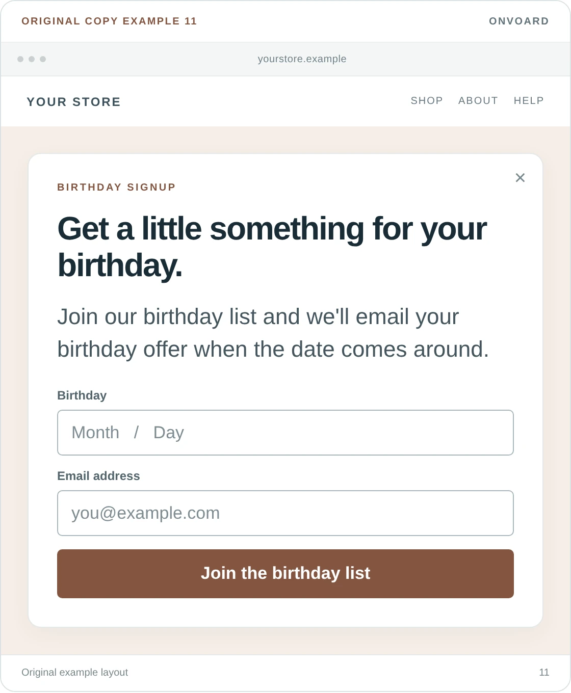 Original example layout for explain a birthday invitation, showing the message and its “Join the birthday list” button.