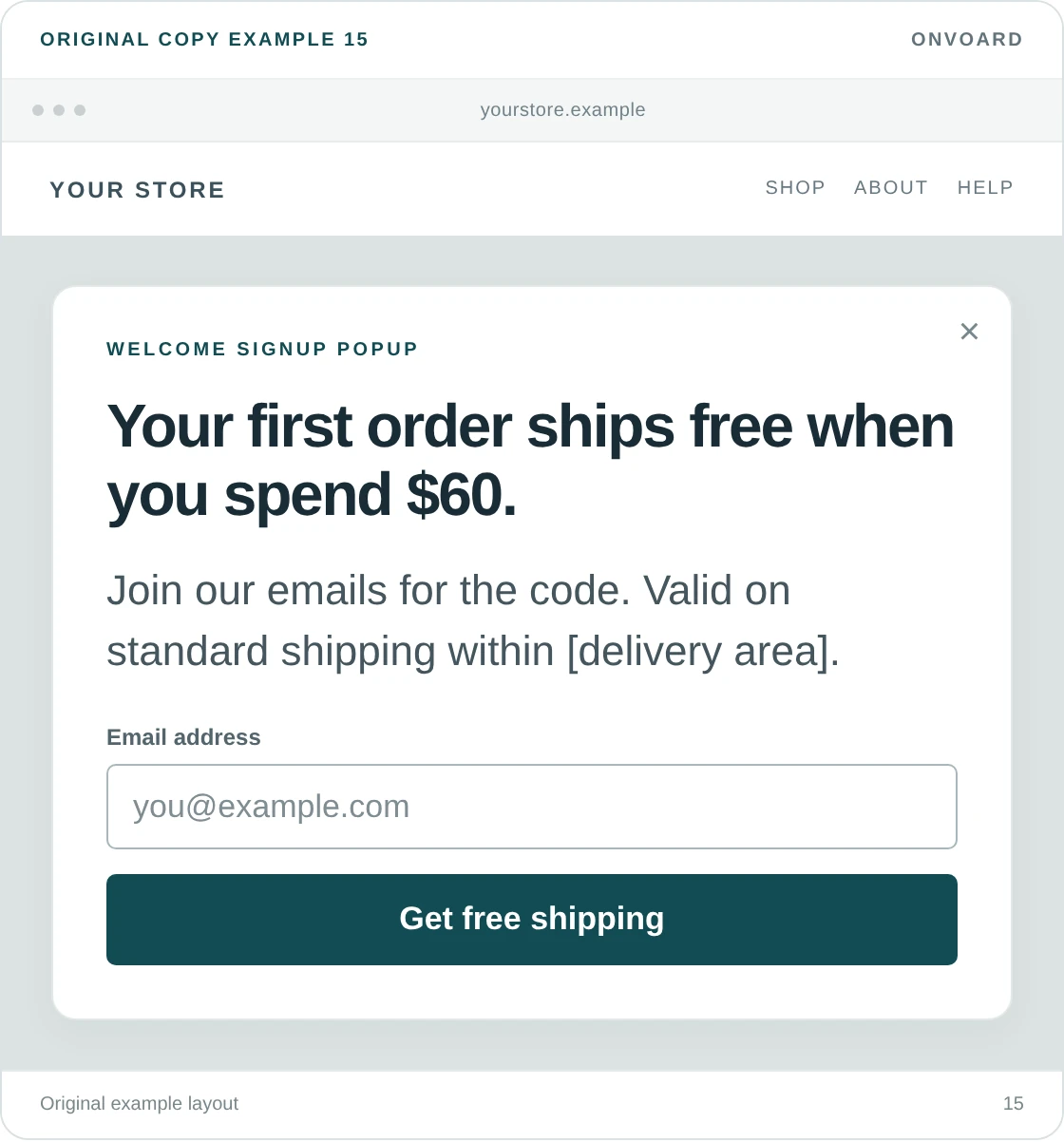 Original example layout for explain a free-shipping offer, showing the message and its “Get free shipping” button.