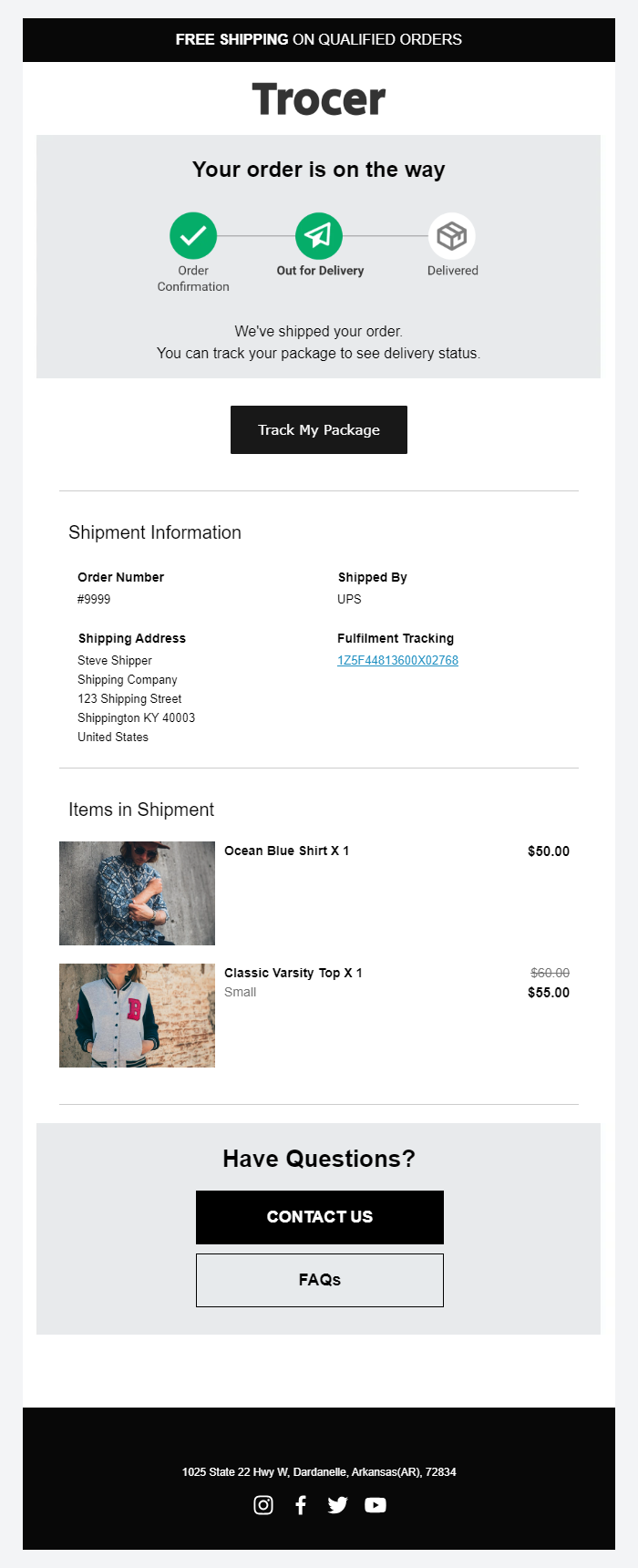 RenderKu Shipping Confirmation example, annotated for status and tracking hierarchy.