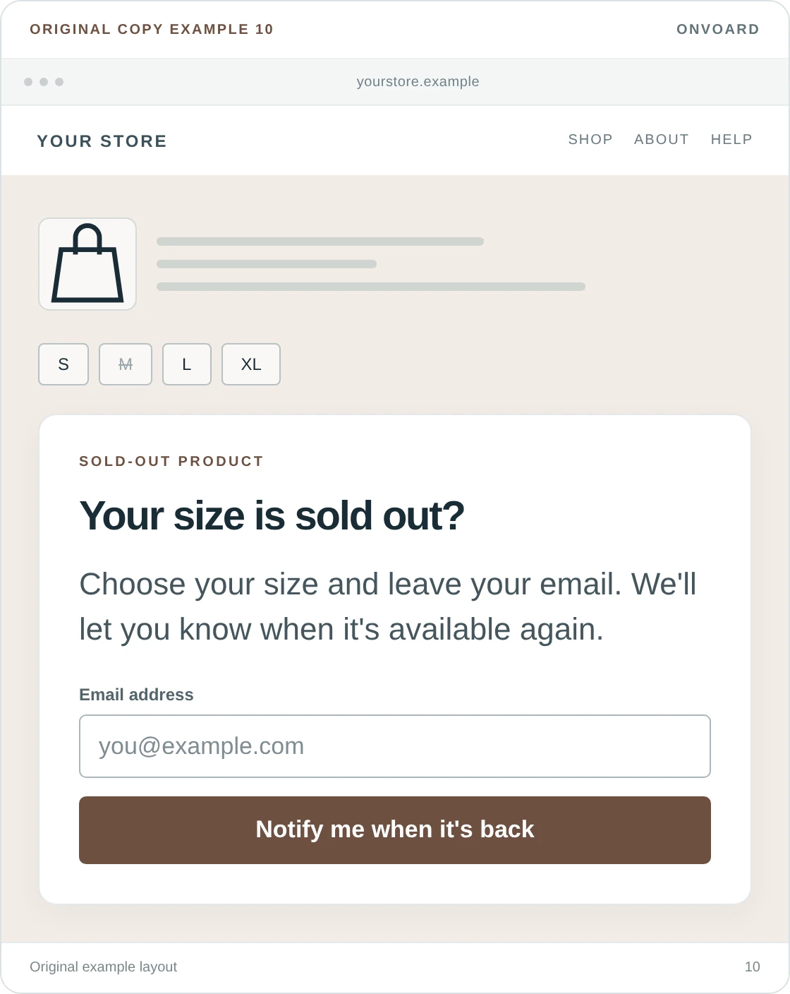 Original example layout for let a visitor wait for a specific product, showing the message and its “Notify me when it's back” button.