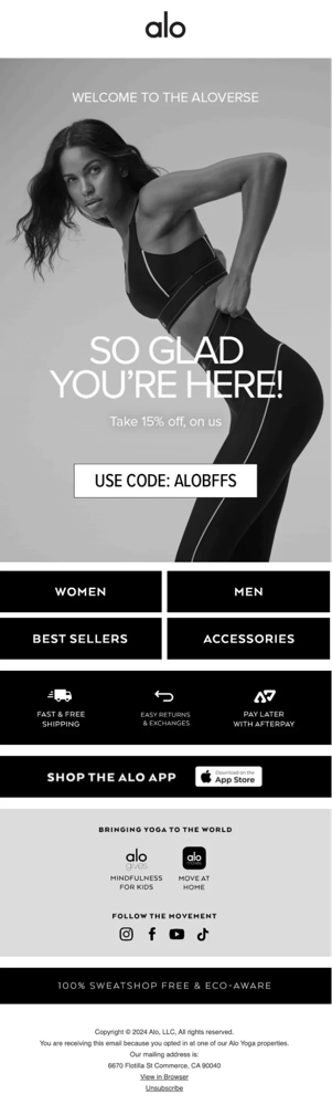 Observed example: Alo Yoga puts the promised first-order offer in the main visual hierarchy.