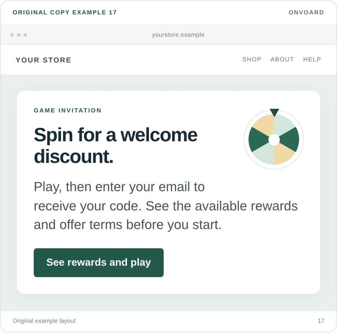 Original example layout for make a game invitation honest about what comes next, showing the message and its “See rewards and play” button.