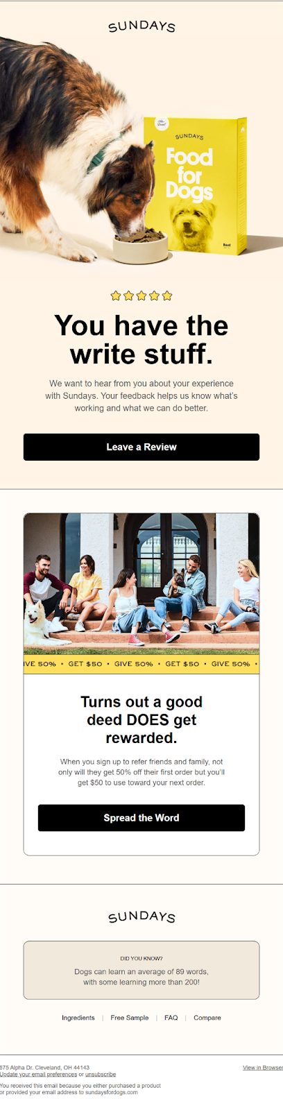 Archived Sundays for Dogs review-request email shown in a later repeat-use lifecycle context