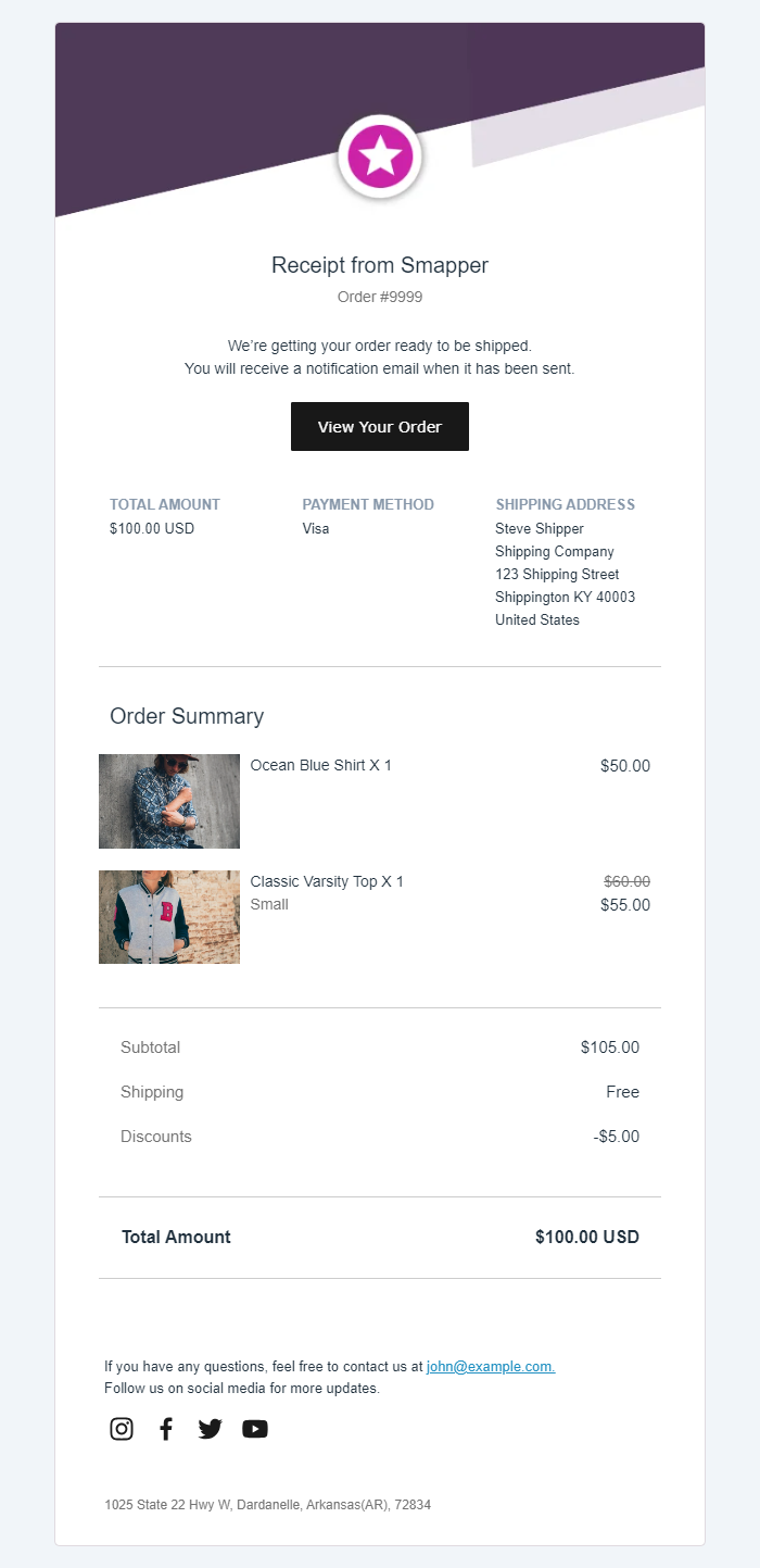 RenderKu Stripe Inspired Shopify order confirmation template shown with Snapper demo content, using a compact receipt header, order summary, item totals, and restrained footer information.