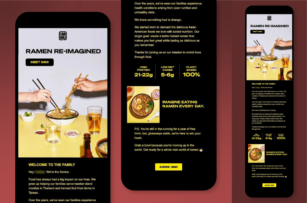 Observed example: Immi confirms the sweepstakes-style signup before expanding into product and brand story.