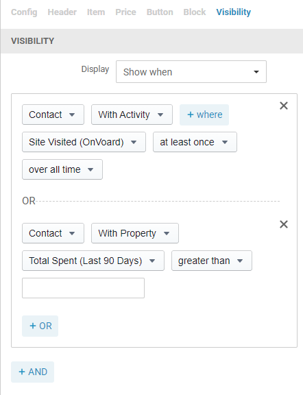 The Visibility tab in the email editor, with Display set to Show when