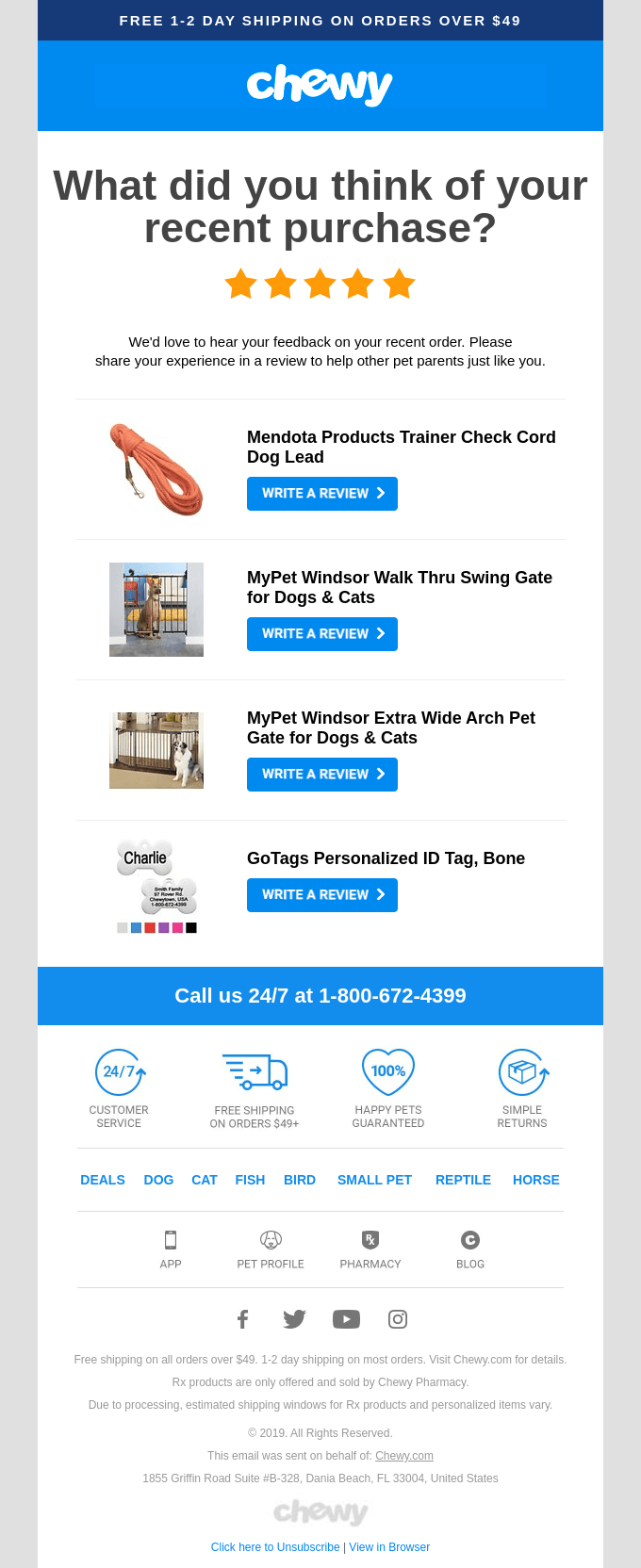 Archived Chewy review-request email showing multiple purchased products with separate review actions