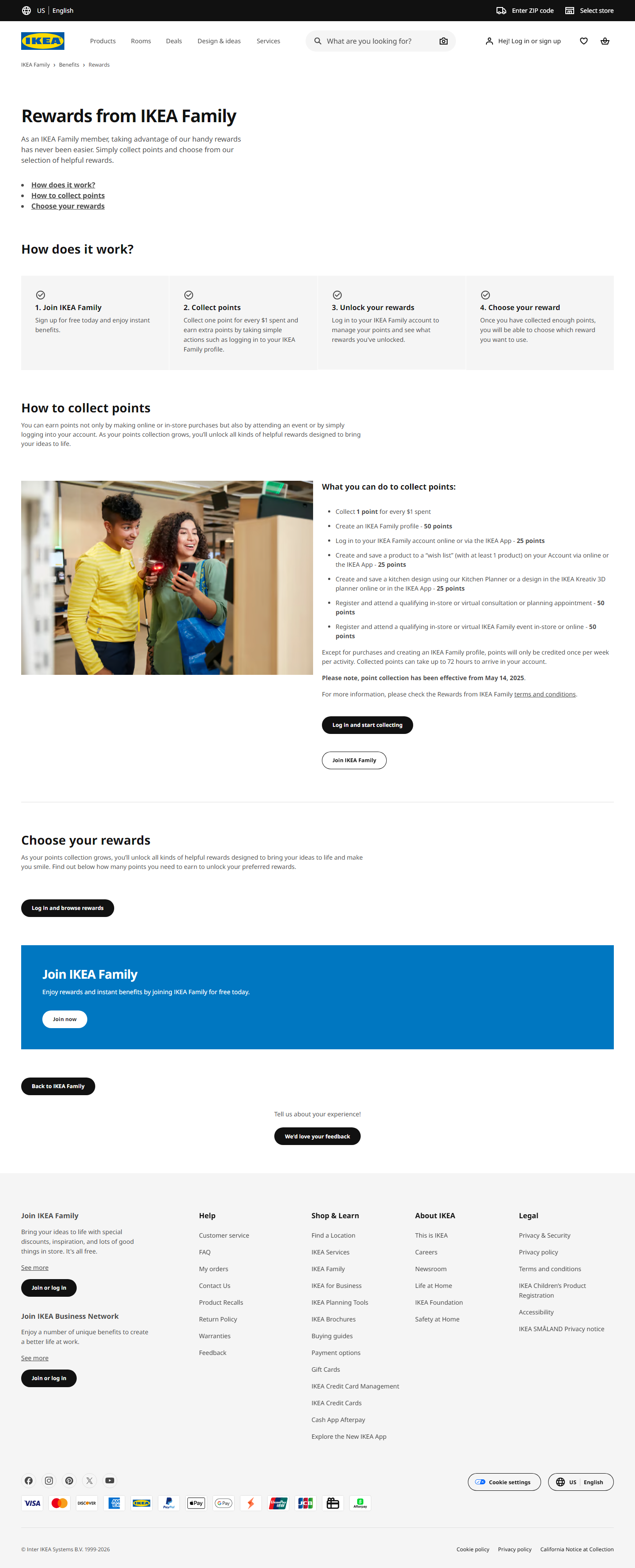 IKEA Family rewards page showing points from purchases, account activity, wish lists, planning tools, appointments and events.