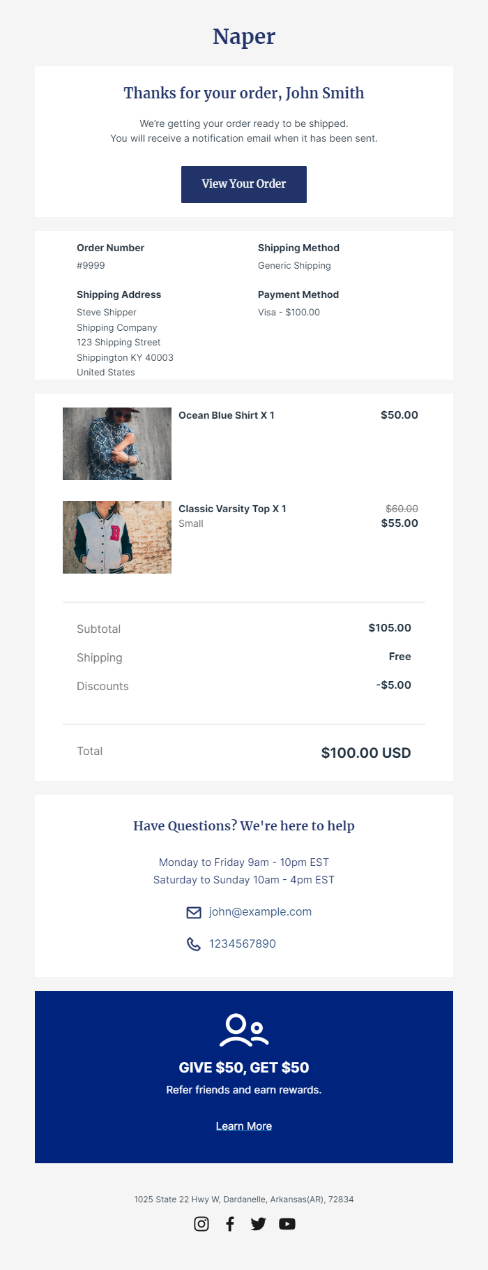 RenderKu Naper Shopify order confirmation template showing confirmation copy, order details, item summary, totals, help information, and a referral block after the transaction.