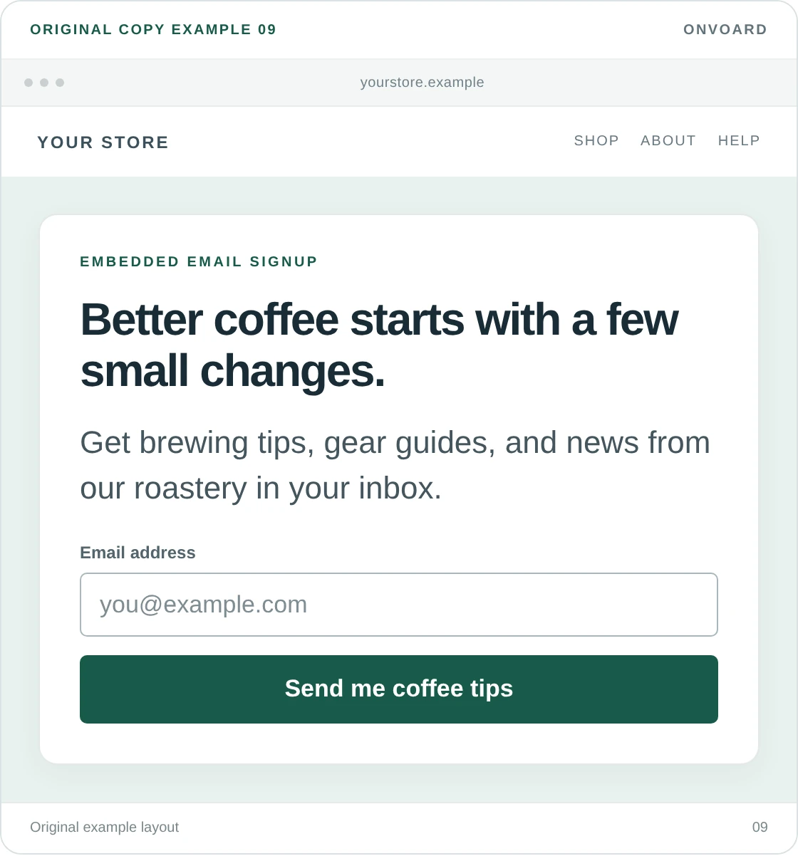 Original example layout for promise useful advice about the products, showing the message and its “Send me coffee tips” button.