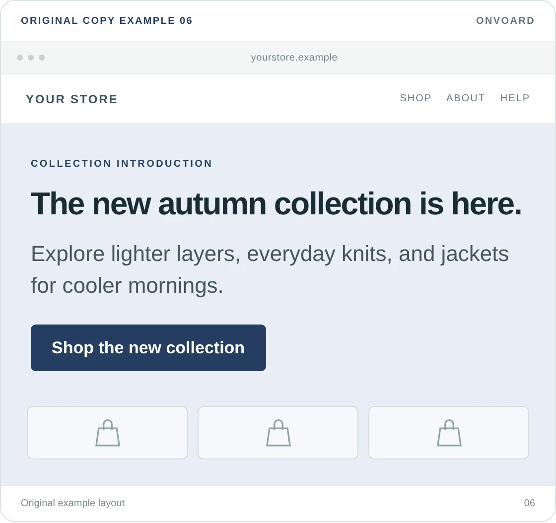 Original example layout for welcome visitors into a current collection, showing the message and its “Shop the new collection” button.