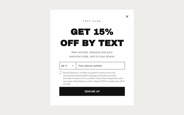 Fashion SMS Signup, step 1 of 3 (Capture (Phone))