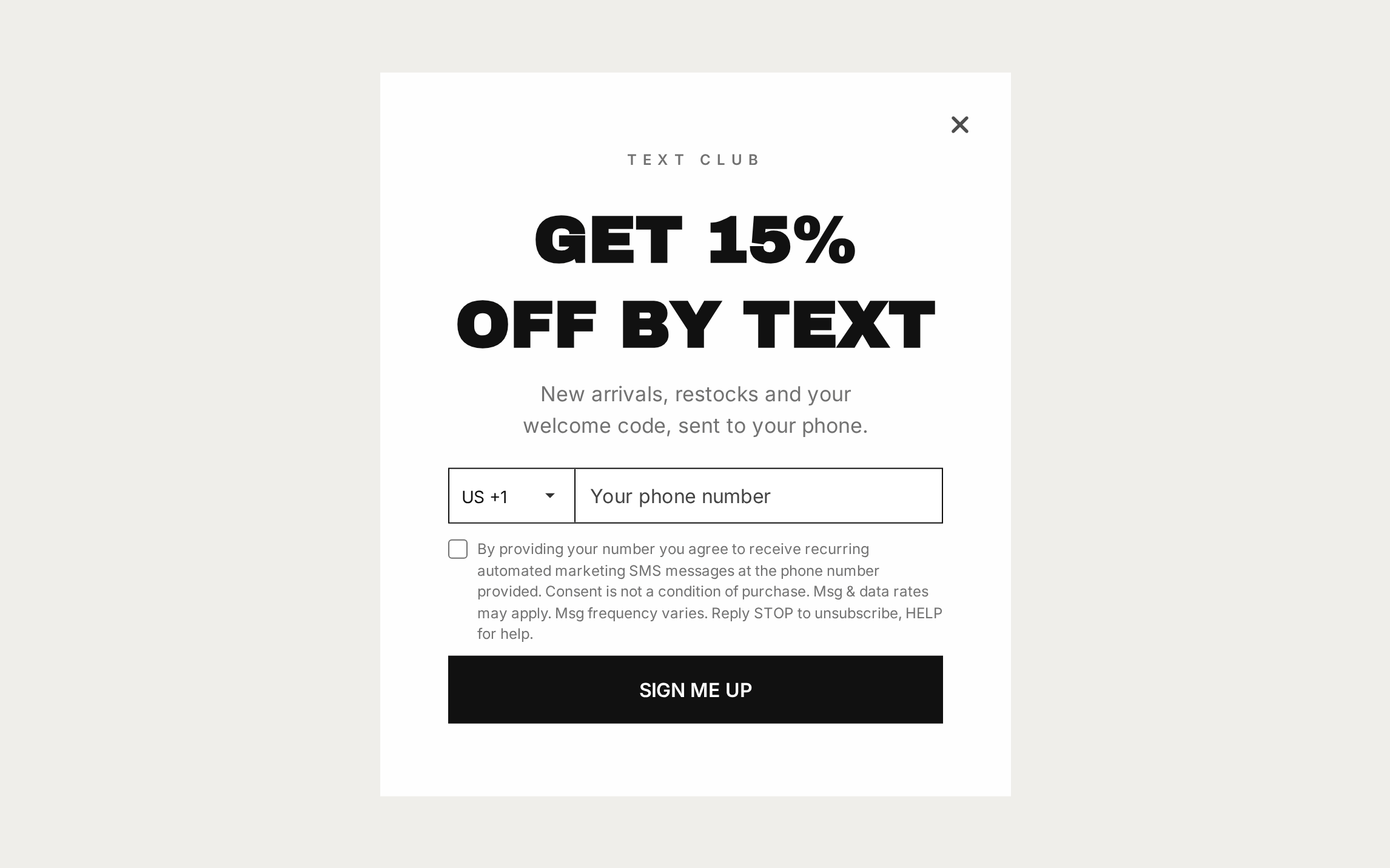 Fashion SMS Signup, step 1 of 3 (Capture (Phone))