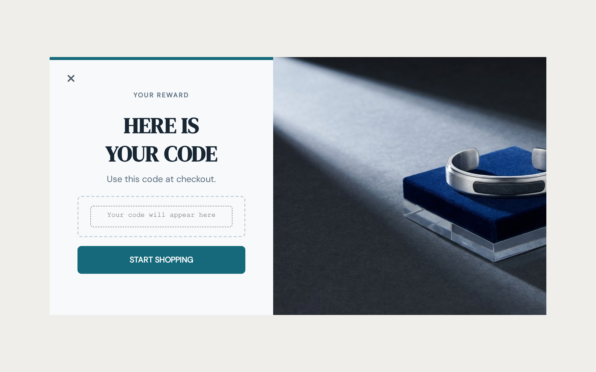 A Coupon block before a code is allocated, showing the placeholder that reads Your code will appear here